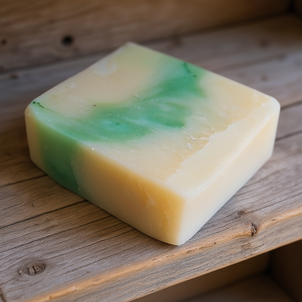 Square bar of tallow soap with green swirls on a wooden surface