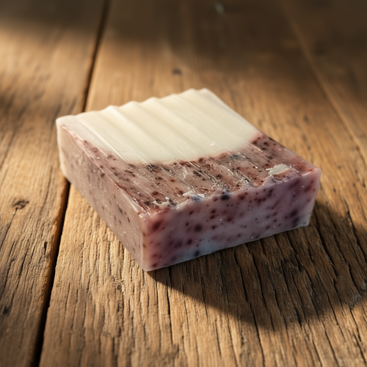 Bar of soap with visible lather on a wooden surface sold by Wright Road Farm