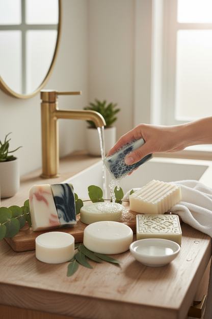 Hand washing a sponge with soap and water in a bathroom setting.