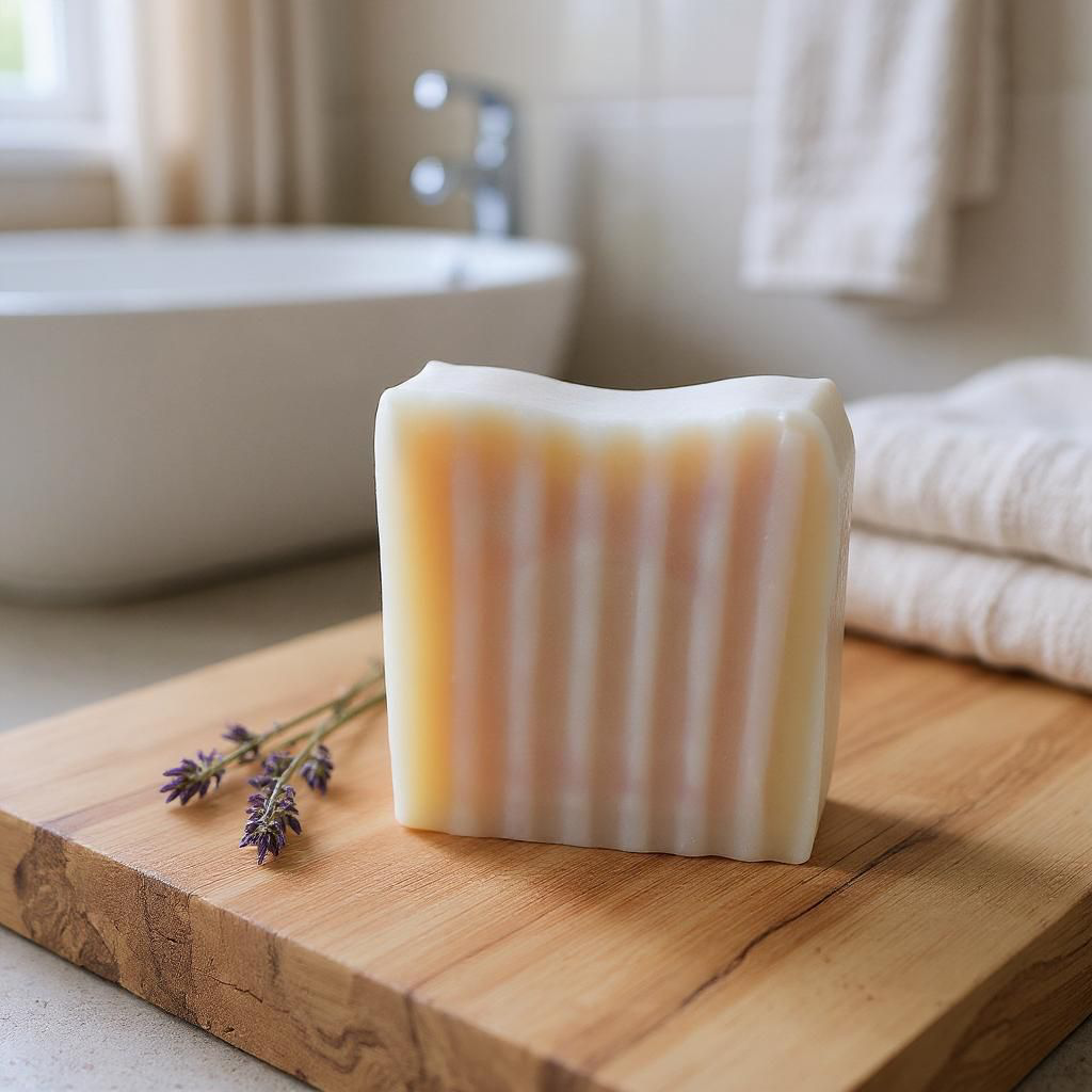 Bar of tallow soap on a wooden cutting board with lavender flowers in a bathroom setting