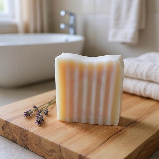 Bar of tallow soap on a wooden cutting board with lavender flowers in a bathroom setting